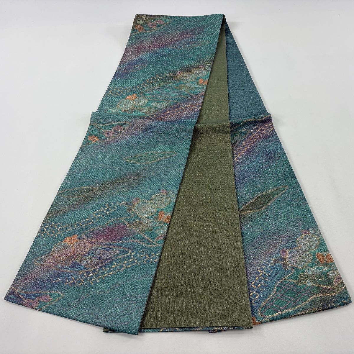 美品】 袋帯 秀品 草花 幾何学模様 金通し 箔 青緑 六通 正絹 【中古