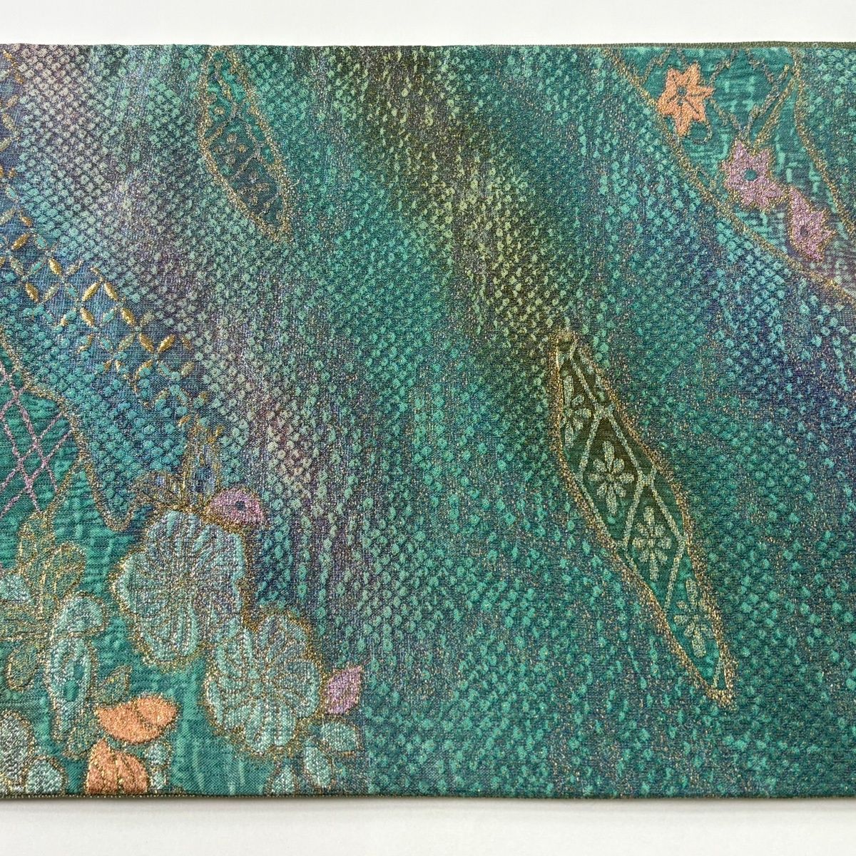 美品】 袋帯 秀品 草花 幾何学模様 金通し 箔 青緑 六通 正絹 【中古