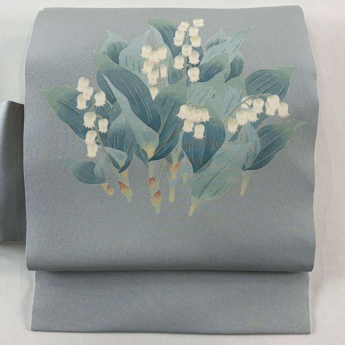 名古屋帯 秀品 落款 草花 青灰色 正絹