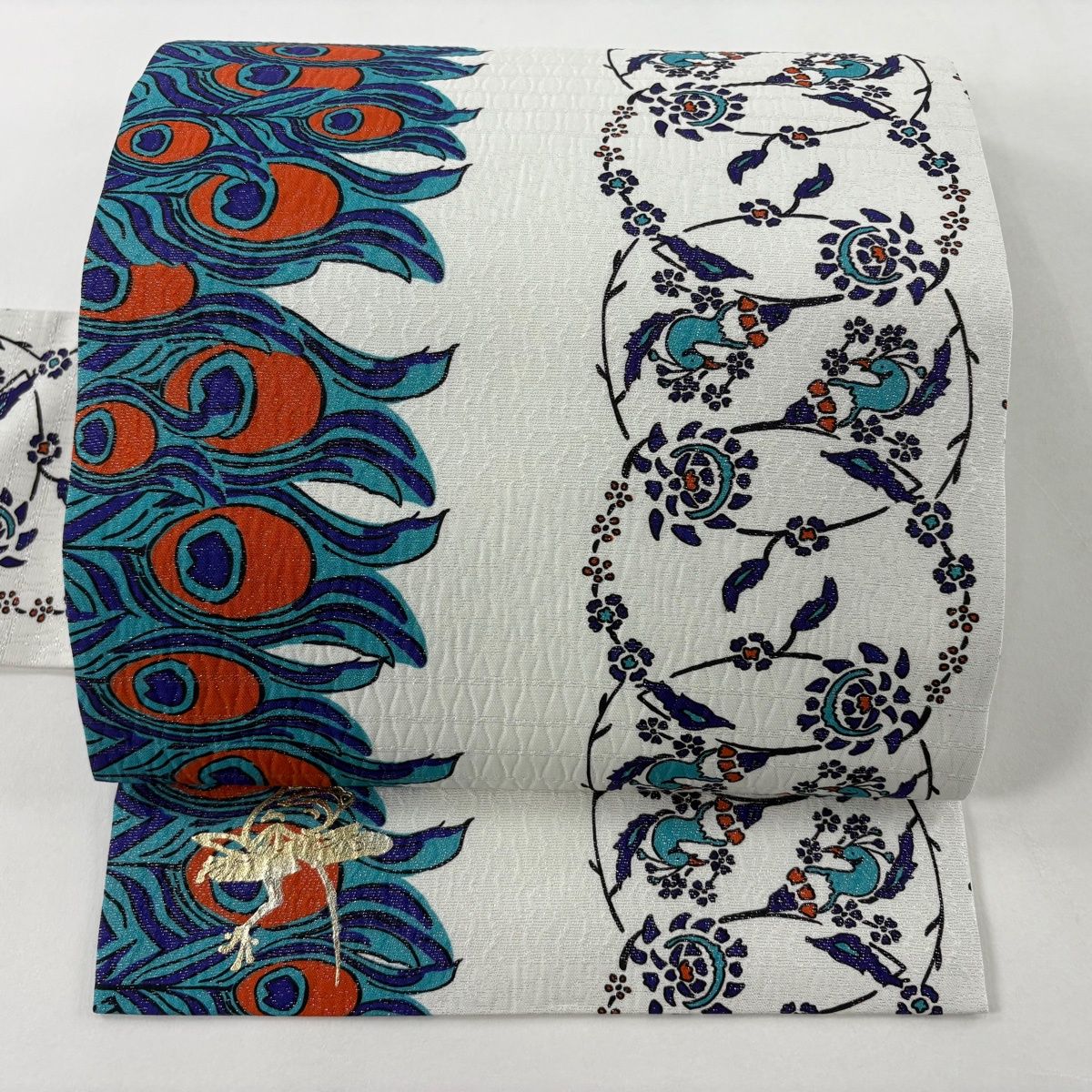 名古屋帯 秀品 花喰い鳥 孔雀の羽根 銀通し 金彩 白 正絹