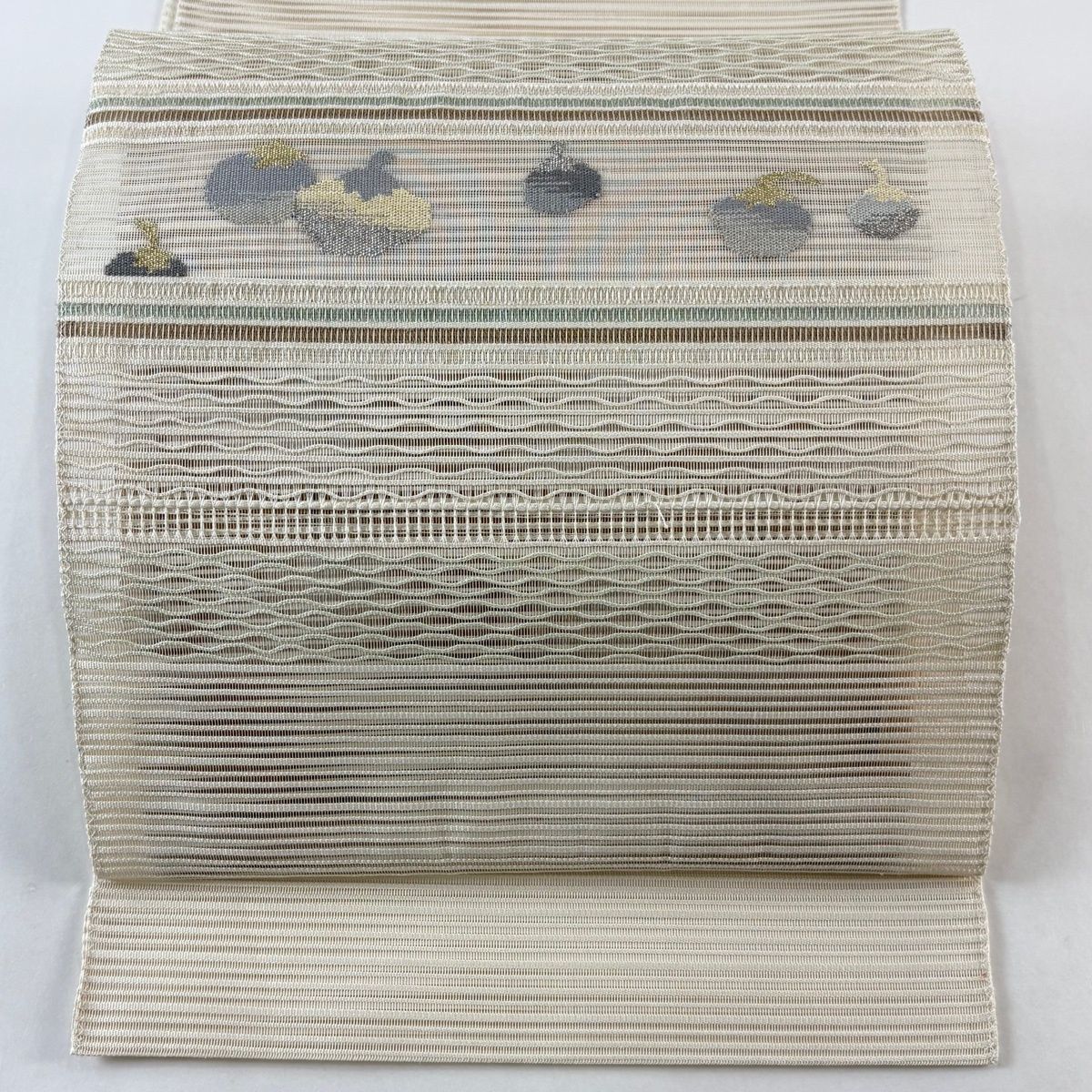 名古屋帯 秀品 夏帯 絽 生り物 縞 金銀糸 灰白 正絹