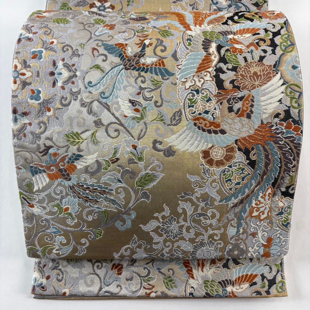 袋帯 秀品 正倉鳳華文 草花 刺繍 金銀糸 灰色 六通 正絹 【中古 袋帯 秀品 正倉鳳華文 草花 刺繍 金銀糸 灰色 六通 正絹 【中古
