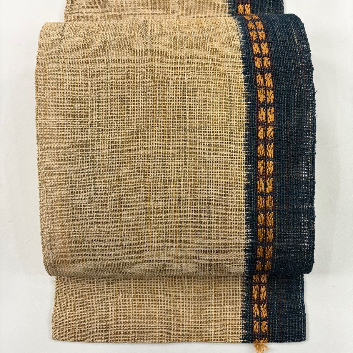 名古屋帯 秀品 夏帯 八寸名古屋帯 松葉仕立て 縞 薄茶色 麻