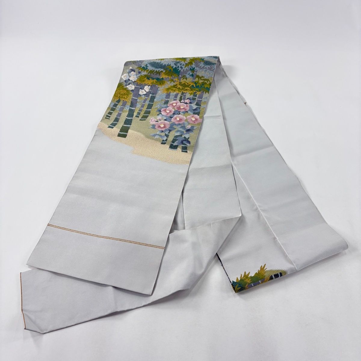 名古屋帯 秀品 八寸名古屋帯 松葉仕立て 竹 椿 金銀糸 青灰色 正絹