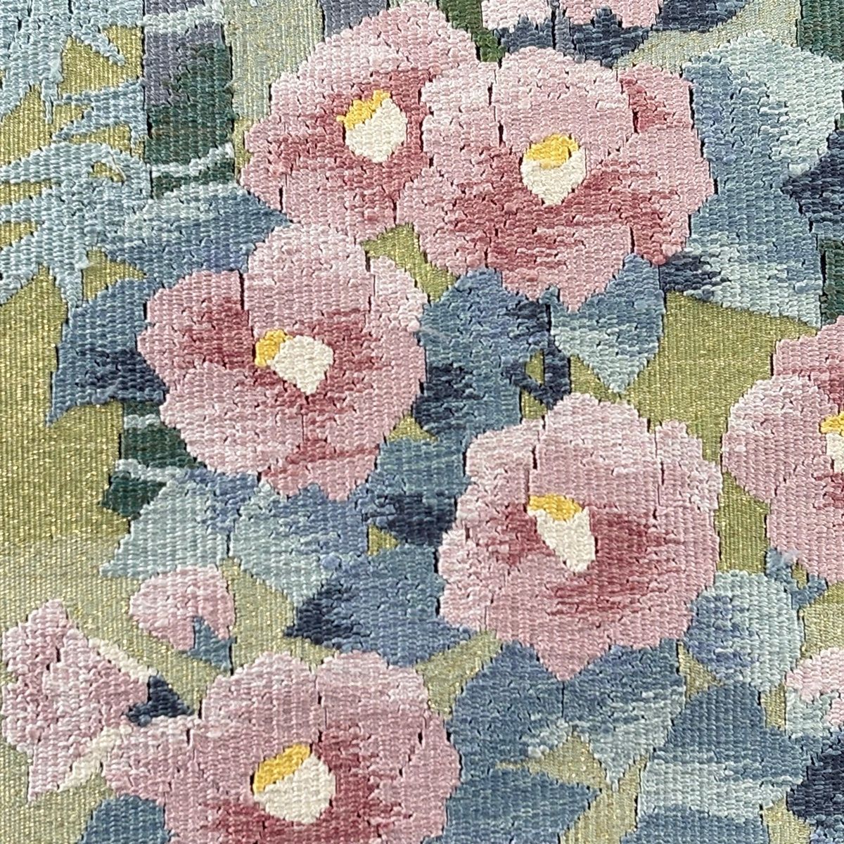 名古屋帯 秀品 八寸名古屋帯 松葉仕立て 竹 椿 金銀糸 青灰色 正絹