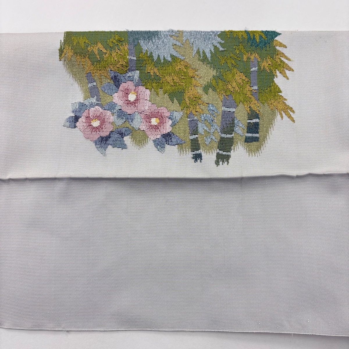 名古屋帯 秀品 八寸名古屋帯 松葉仕立て 竹 椿 金銀糸 青灰色 正絹