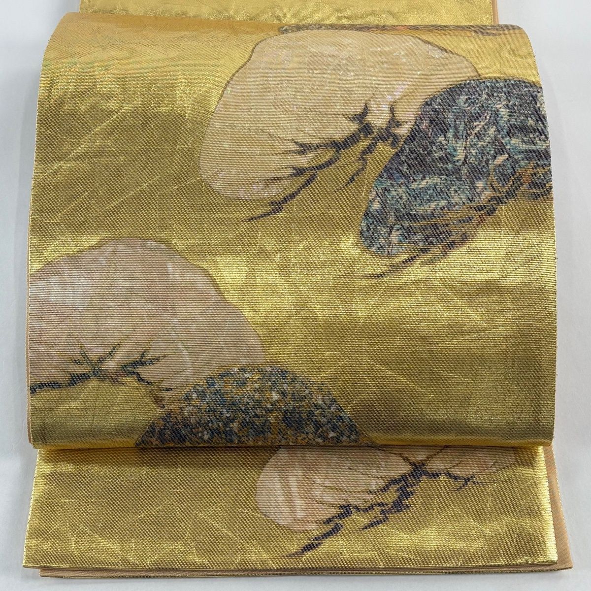 美品 袋帯 秀品 扇面 笠松 金糸 箔 金色 六通 正絹 中古 中古）袋帯