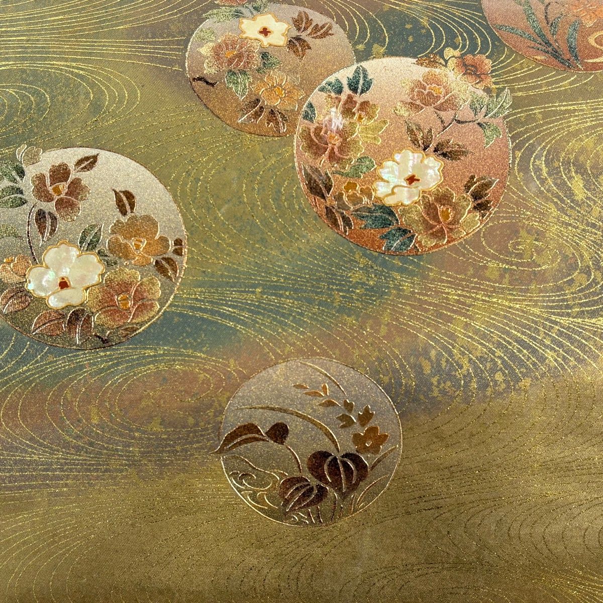 名古屋帯 秀品 草花 流水 螺鈿 金彩 金茶 正絹