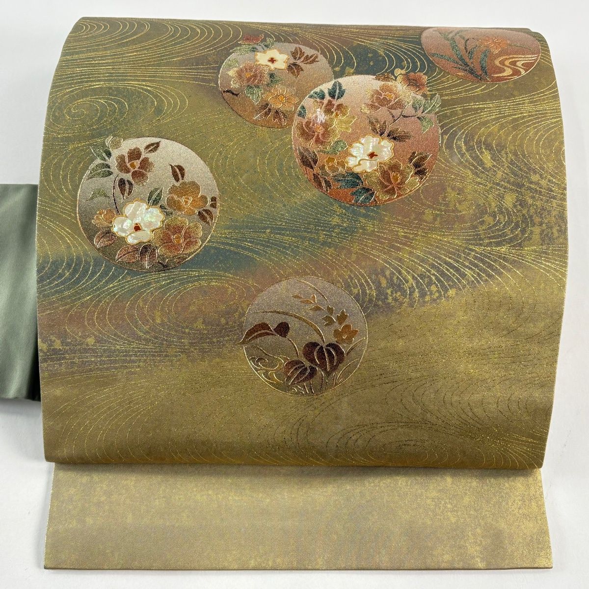 名古屋帯 秀品 草花 流水 螺鈿 金彩 金茶 正絹