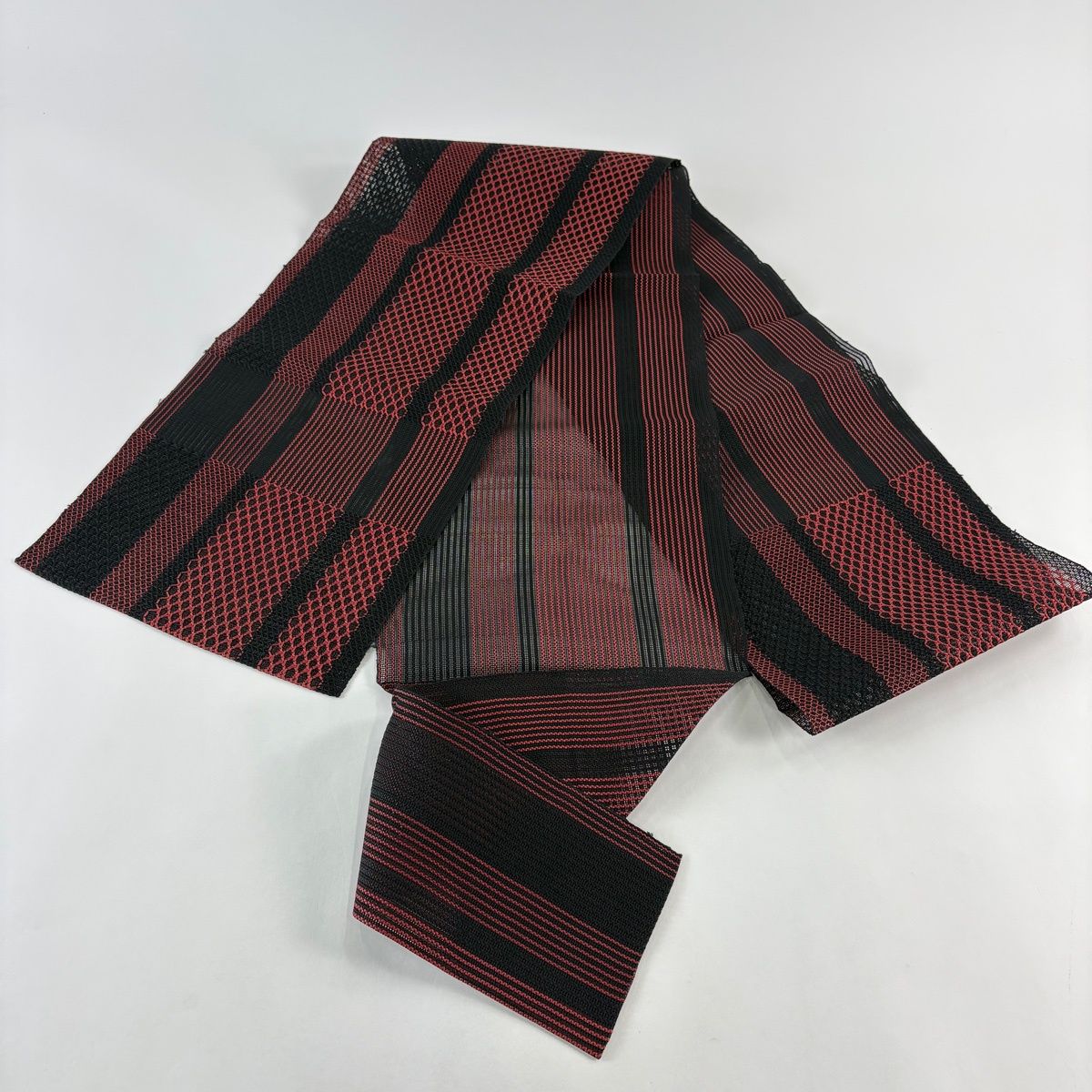  名古屋帯 秀品 夏帯 八寸名古屋帯 松葉仕立て 縞 幾何学模様 えんじ色 正絹 名古屋帯 帯