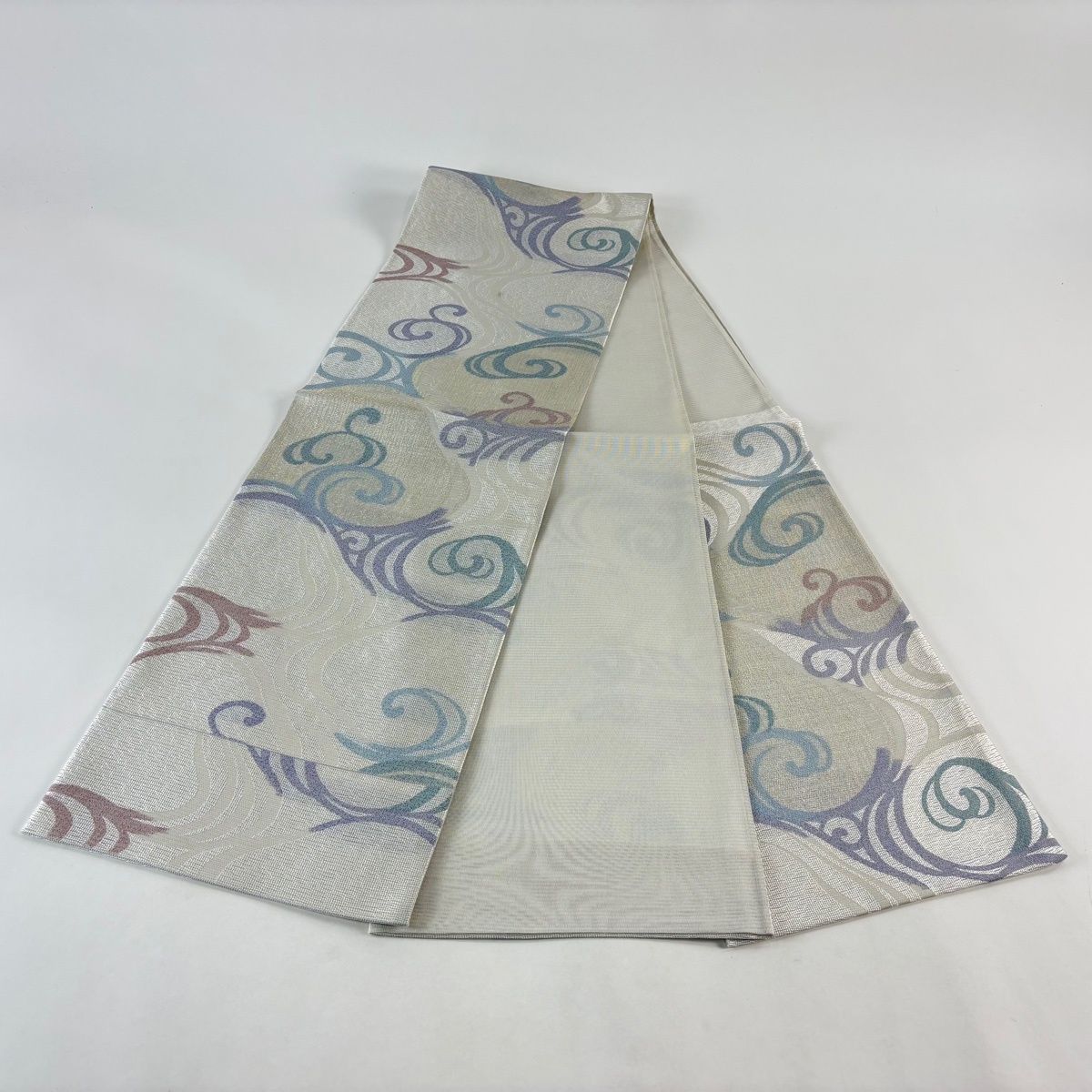 正絹 六通袋帯 【水面 ラメ】 美品】袋帯 秀品 夏帯 関西仕立て 水面 銀糸 灰白 六通 正絹 【中古
