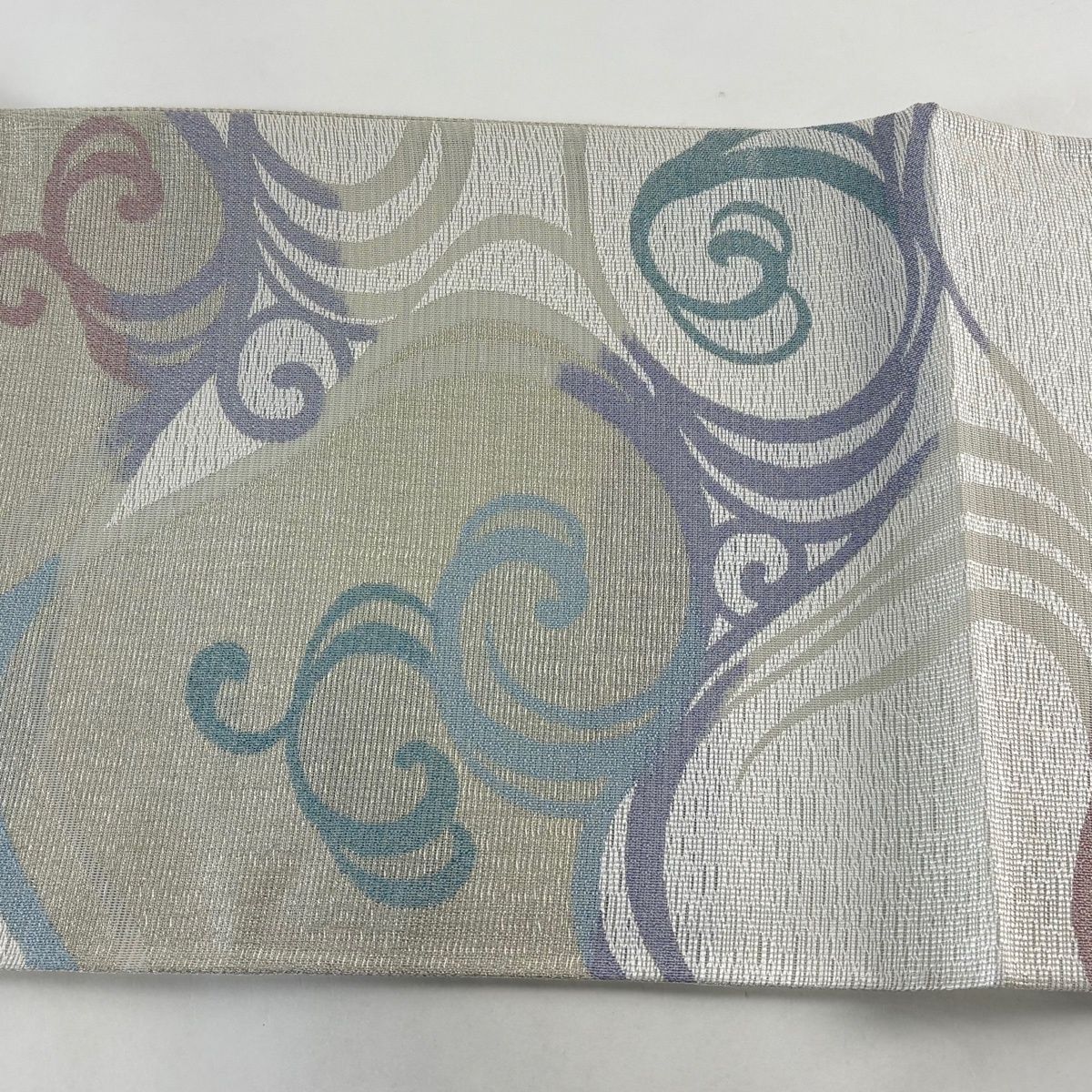 正絹 六通袋帯 【水面 ラメ】 袋帯 名品 落款あり 向鳥 花唐草 箔 ラメ糸 サーモンピンク 六通 正絹