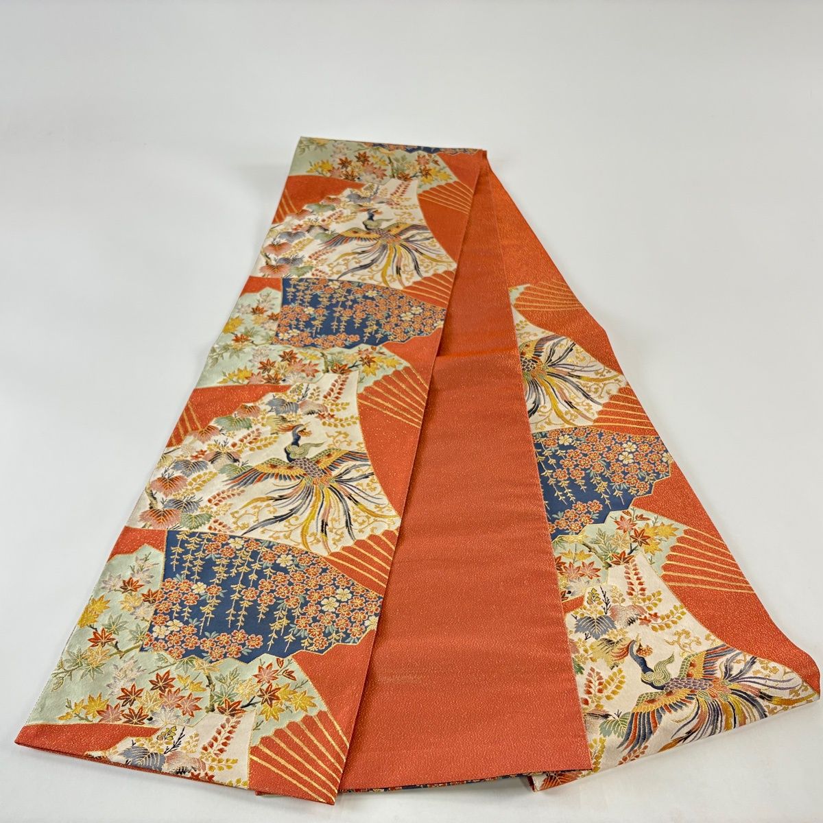 袋帯 銀通し 金彩 手描き 鳳凰 鳥 桐 正絹 六通 Q1166 袋帯 銀通し 金彩 手描き 鳳凰 鳥 桐 正絹 六通 Q1166