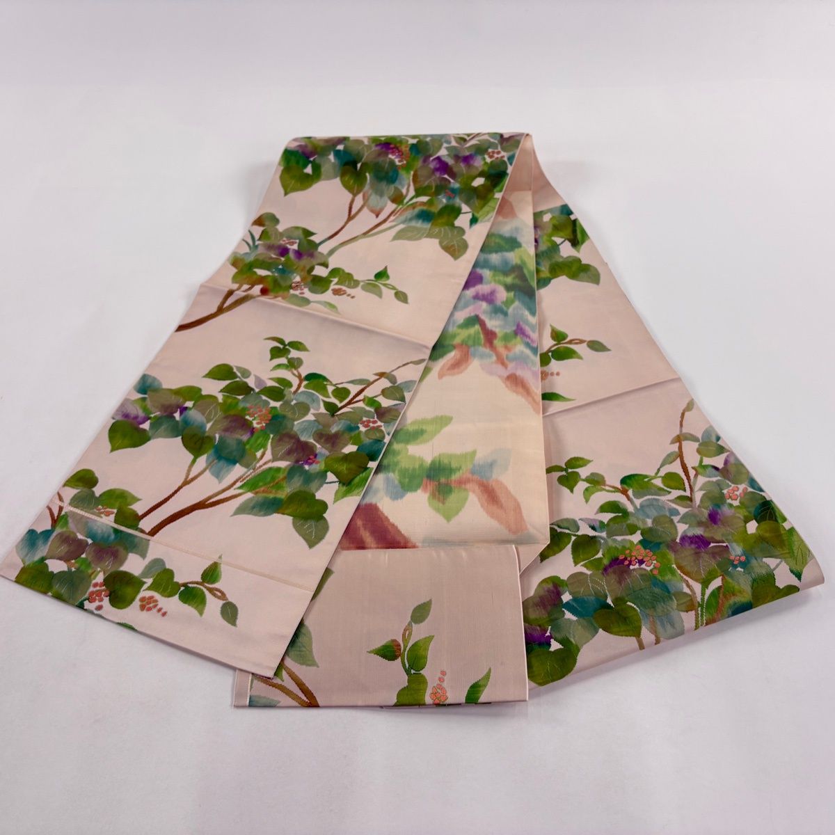  名古屋帯 秀品 松葉仕立て 八寸名古屋帯 紬地 葉と実 薄ピンク 正絹 名古屋帯 帯