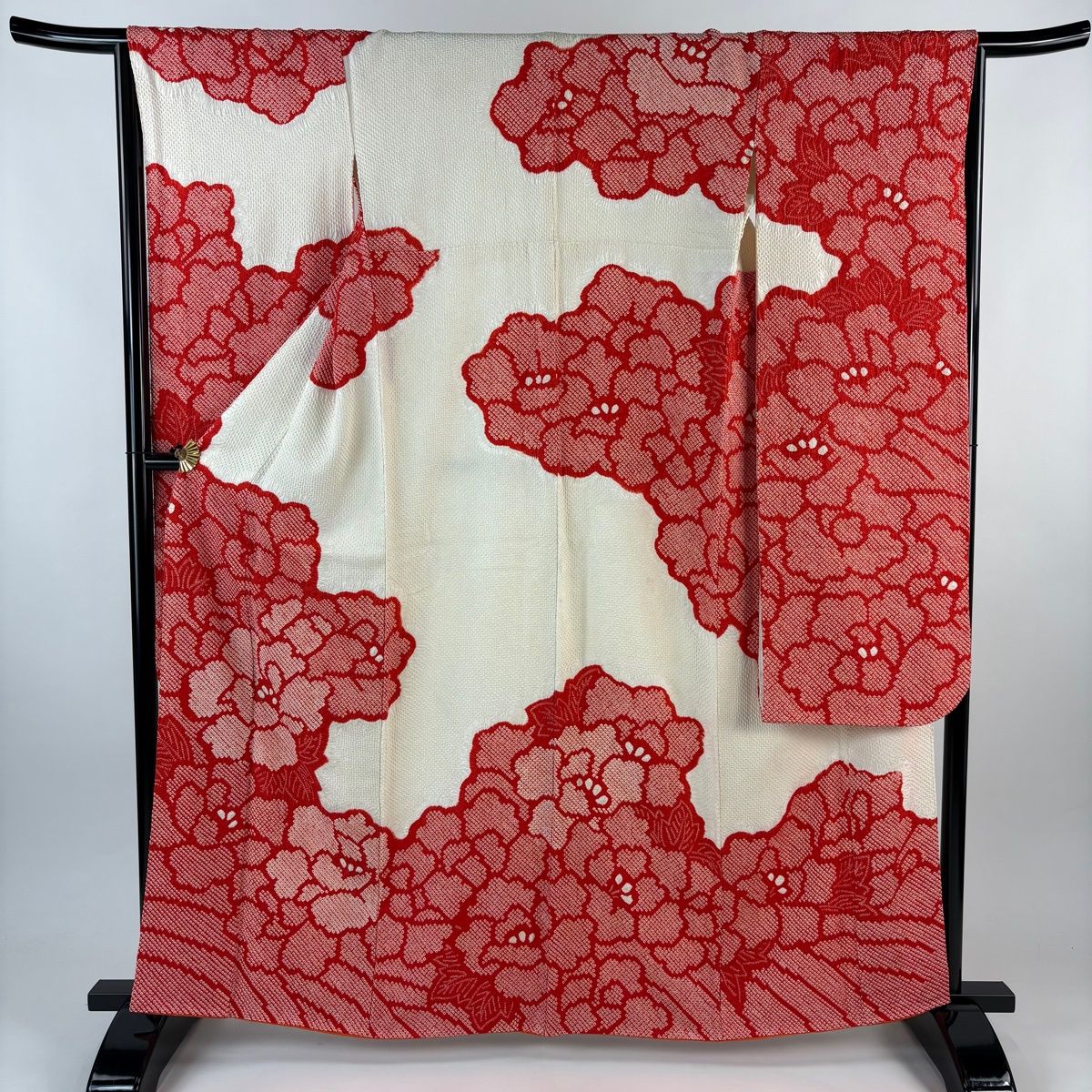 振袖 身丈163.5 cm 裄丈65 M 袷 牡丹 絞り クリーム 正絹 秀品