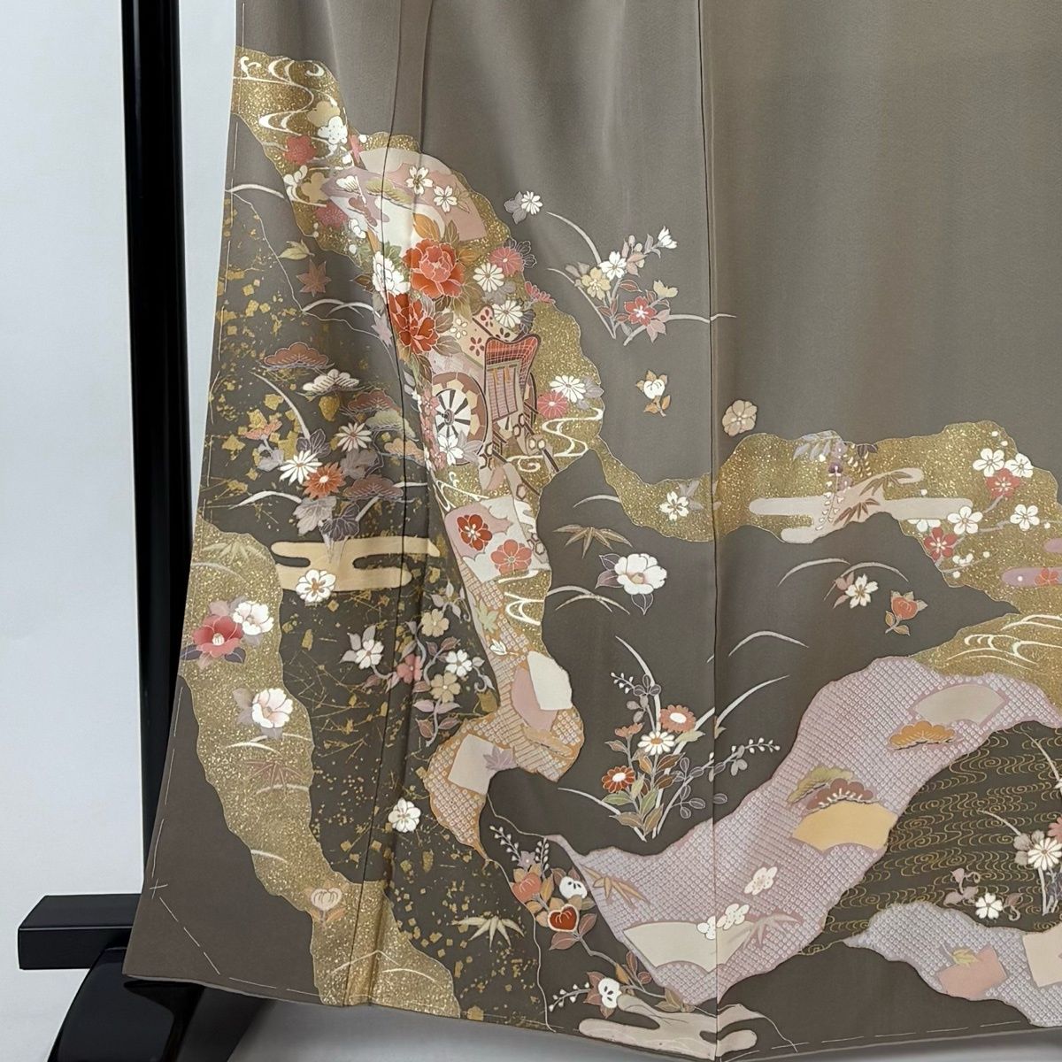 訪問着 名品 一つ紋 几帳 鶴 汕頭刺繍 青灰色 袷 身丈158.5cm 裄丈65cm