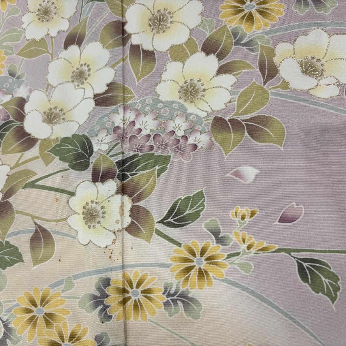 ★専用★未使用品 小紋 グリーンベージュ 桜花 身丈163cm裄丈70cm正絹 訪問着 身丈152.5cm 裄丈64.5cm M 袷 草花 枝垂れ桜 金彩 染め分け 薄