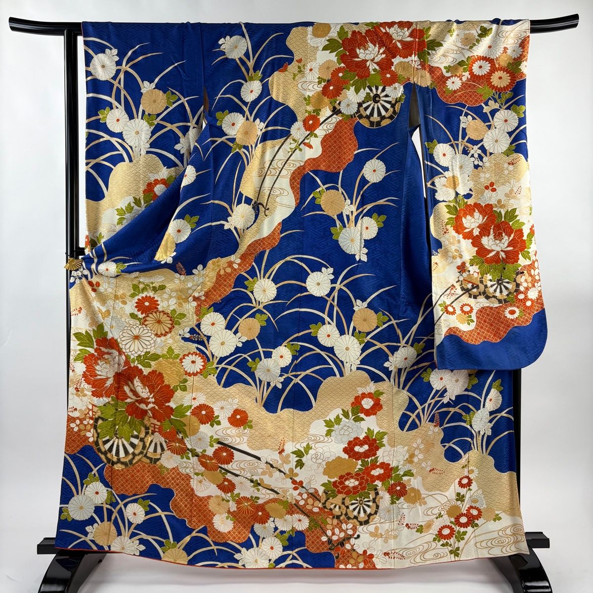 振袖 身丈166.5 cm 裄丈66.5 M 袷 花車 菊 金銀糸 金彩 青 正絹 秀品