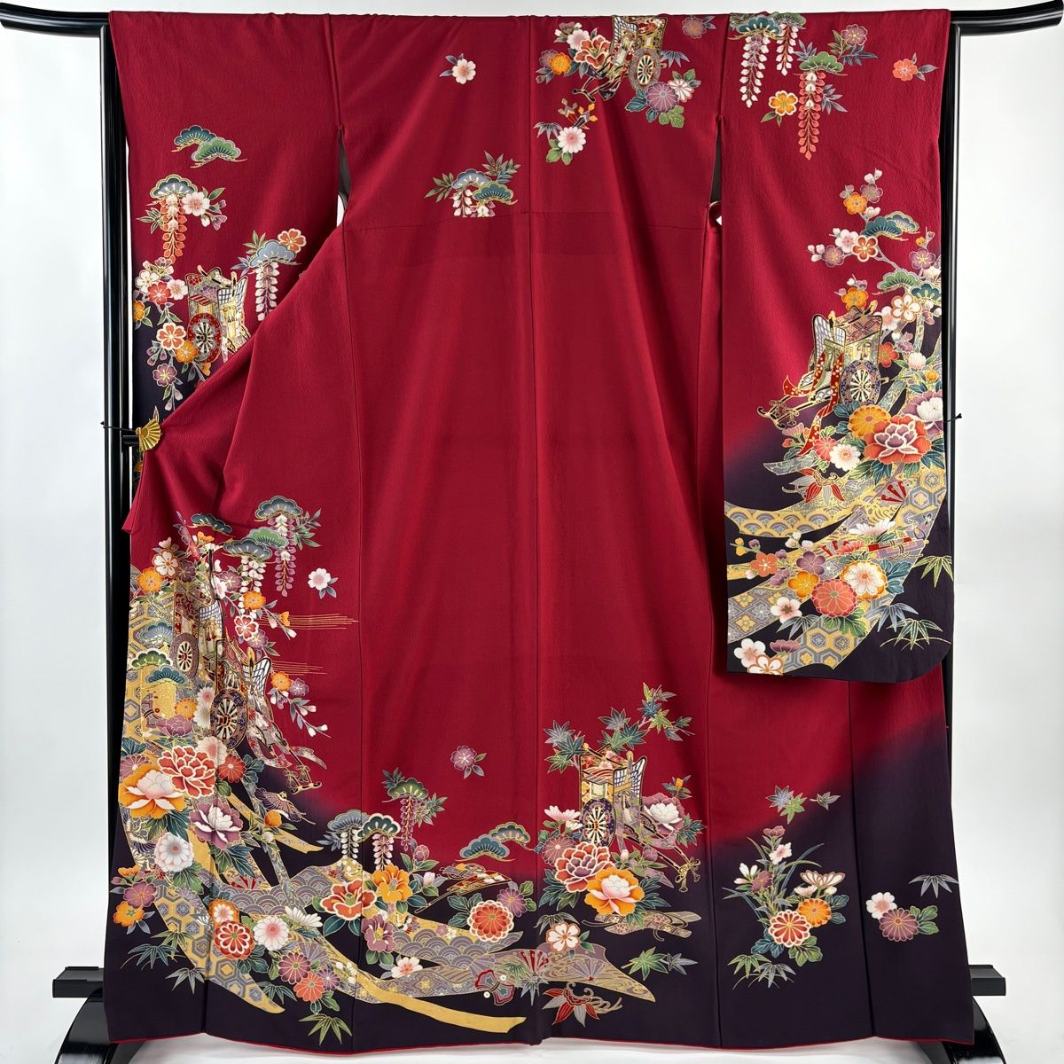 振袖 身丈168 cm 裄丈65.5 M 袷 御所車 桜 金糸 金彩 赤 正絹 秀品
