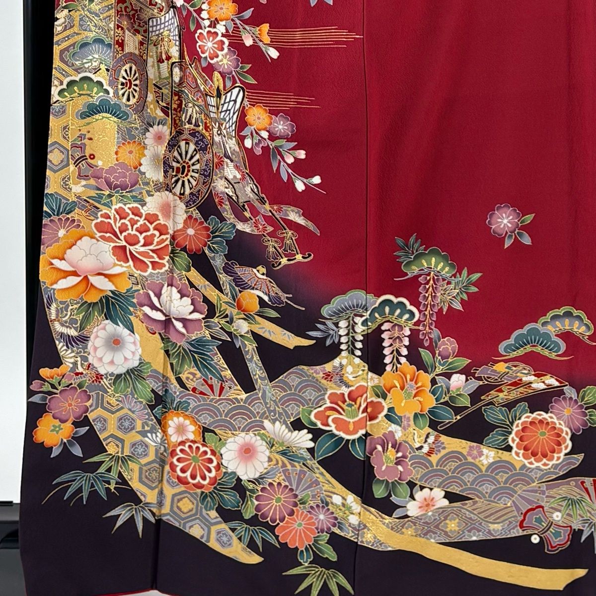 振袖 身丈168 cm 裄丈65.5 M 袷 御所車 桜 金糸 金彩 赤 正絹 秀品