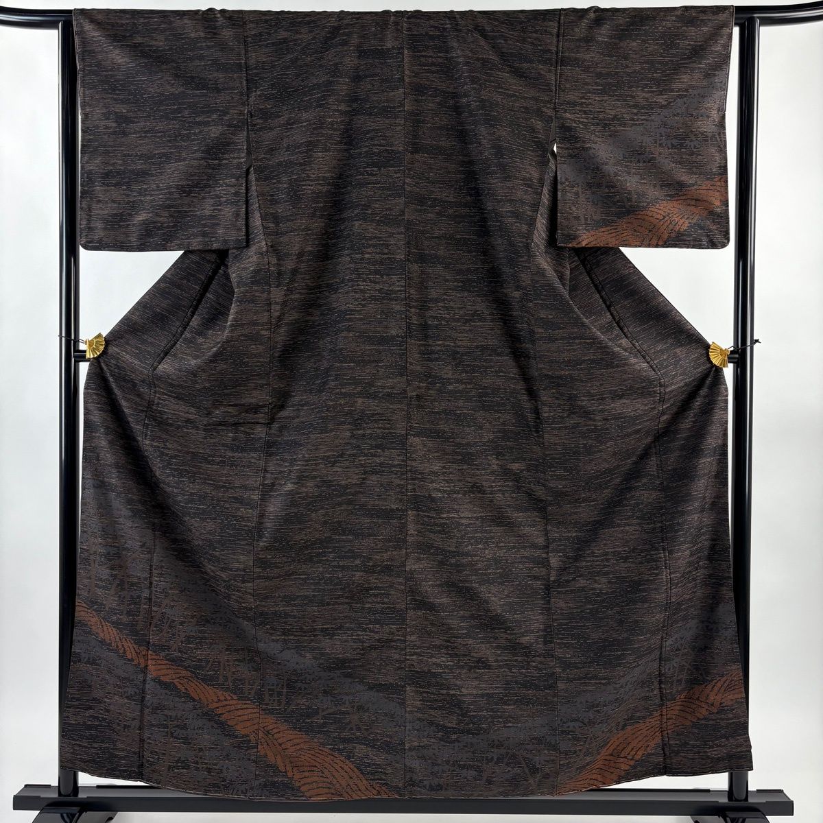 付下げ　臙脂　美品　裄長め 美品】 付下げ 身丈158cm 裄丈64cm M 袷 大島紬地 泥染め 証紙 竹 焦