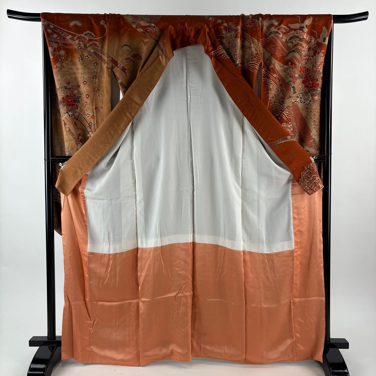  振袖 身丈166 5 cm 裄丈67 M 袷 花車 鶴 金糸 金彩 茶色 正絹 秀品 振袖 着物