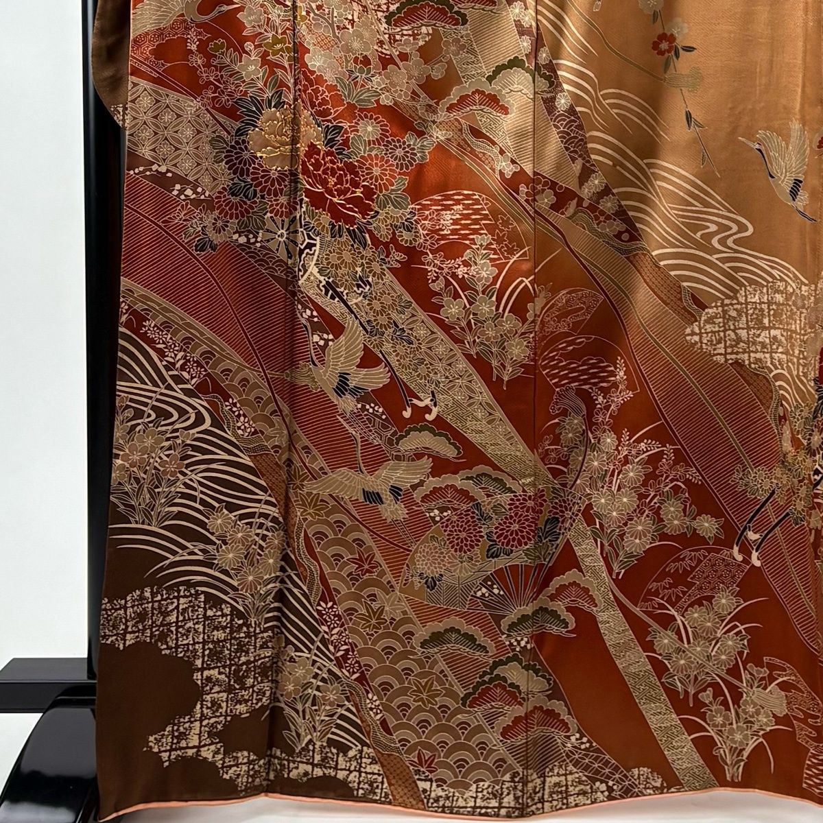 振袖 身丈166.5 cm 裄丈67 M 袷 花車 鶴 金糸 金彩 茶色 正絹 秀品