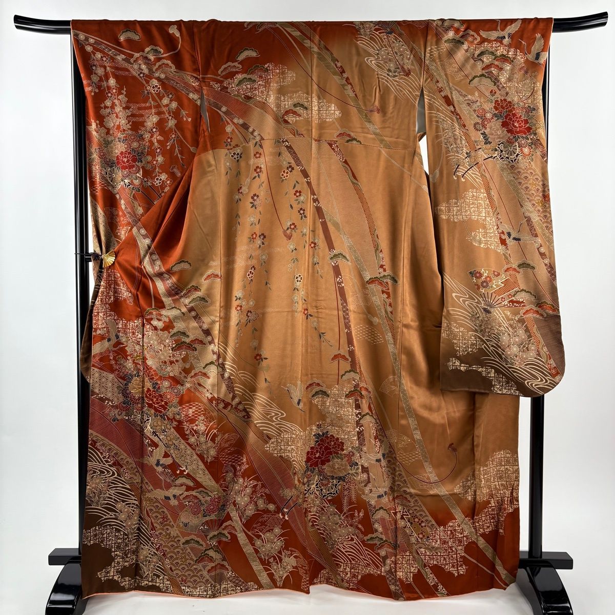振袖 身丈166.5 cm 裄丈67 M 袷 花車 鶴 金糸 金彩 茶色 正絹 秀品
