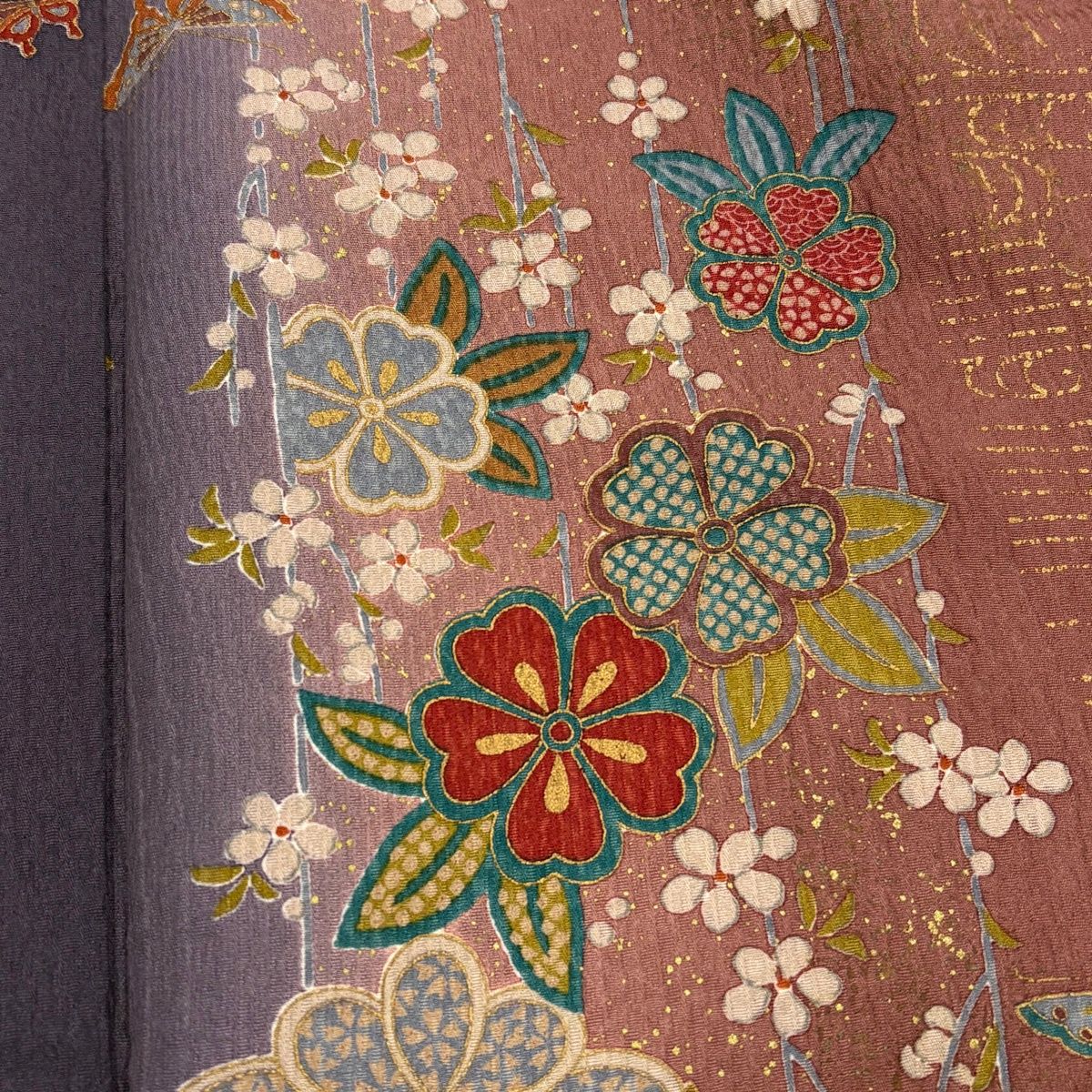  小紋 身丈166.5 cm 裄丈67 M 袷 桜 蝶 金彩 縦ぼかし 小豆色 正絹 秀品 小紋 着物
