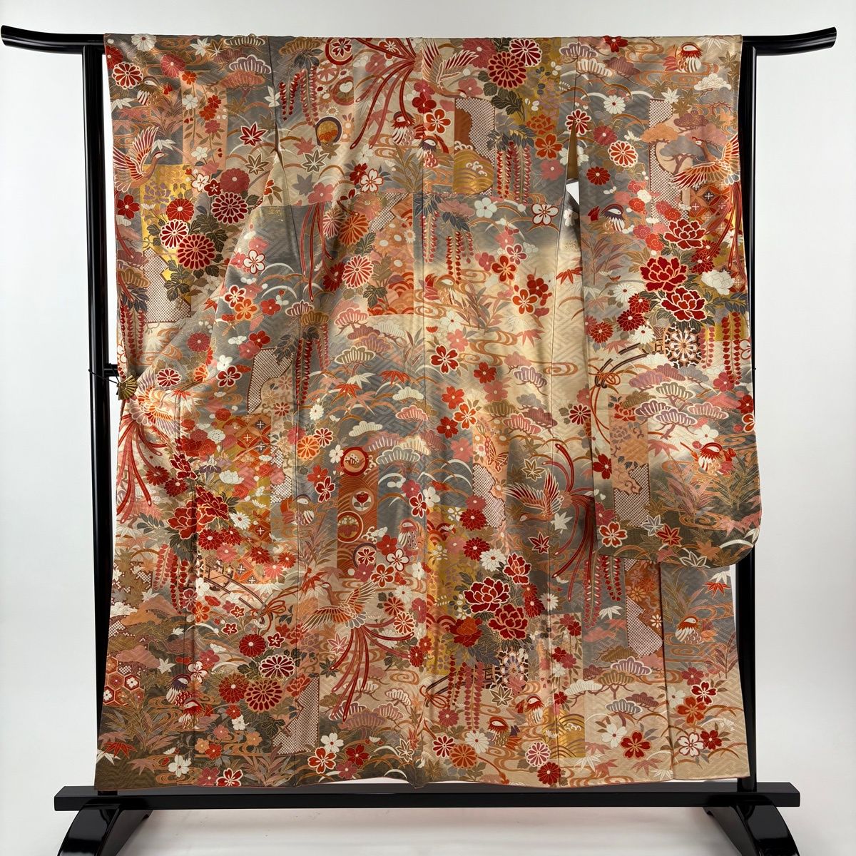 振袖 身丈155 cm 裄丈63 S 袷 花車 鳥 金糸 金彩 クリーム 正絹 秀品