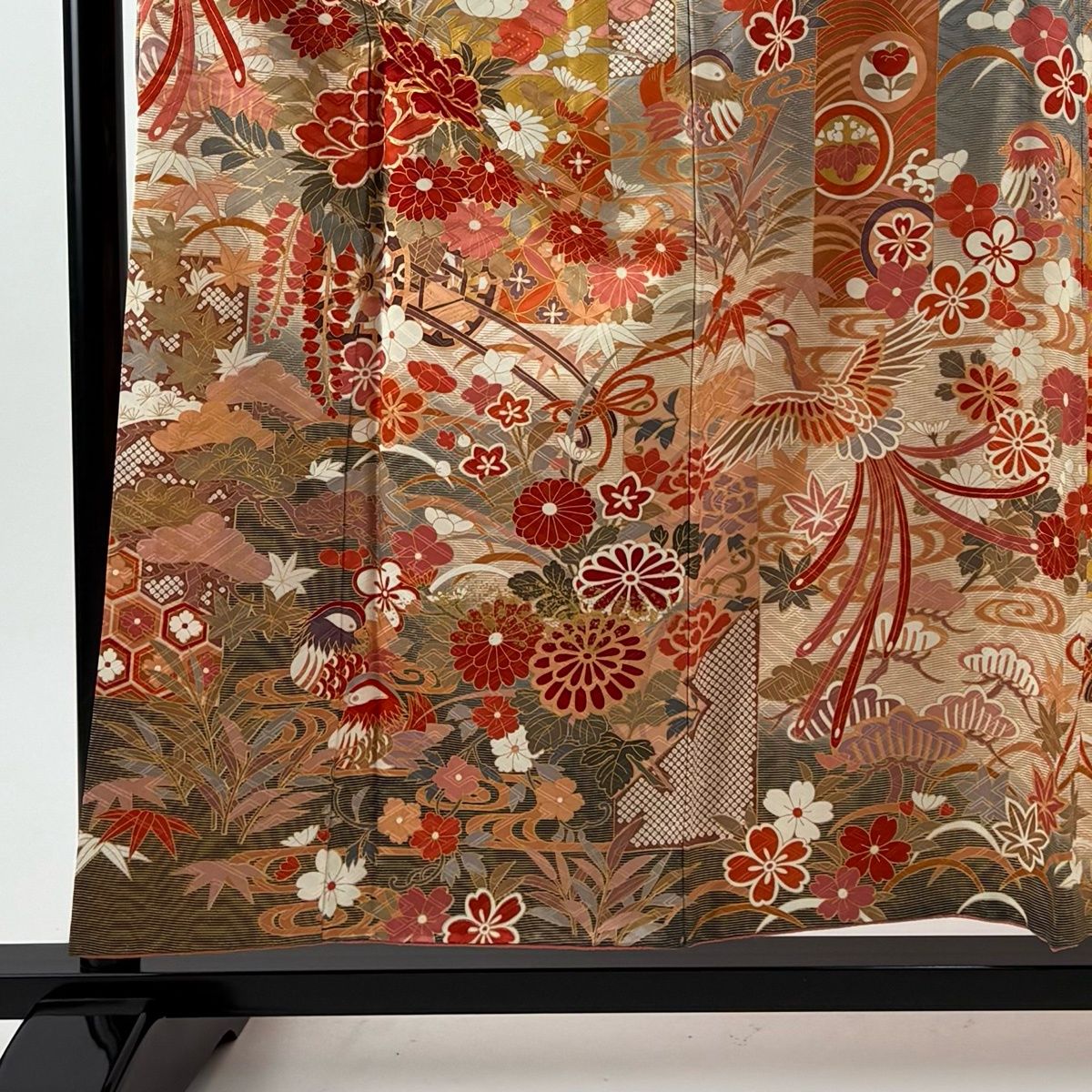 振袖 身丈155 cm 裄丈63 S 袷 花車 鳥 金糸 金彩 クリーム 正絹 秀品