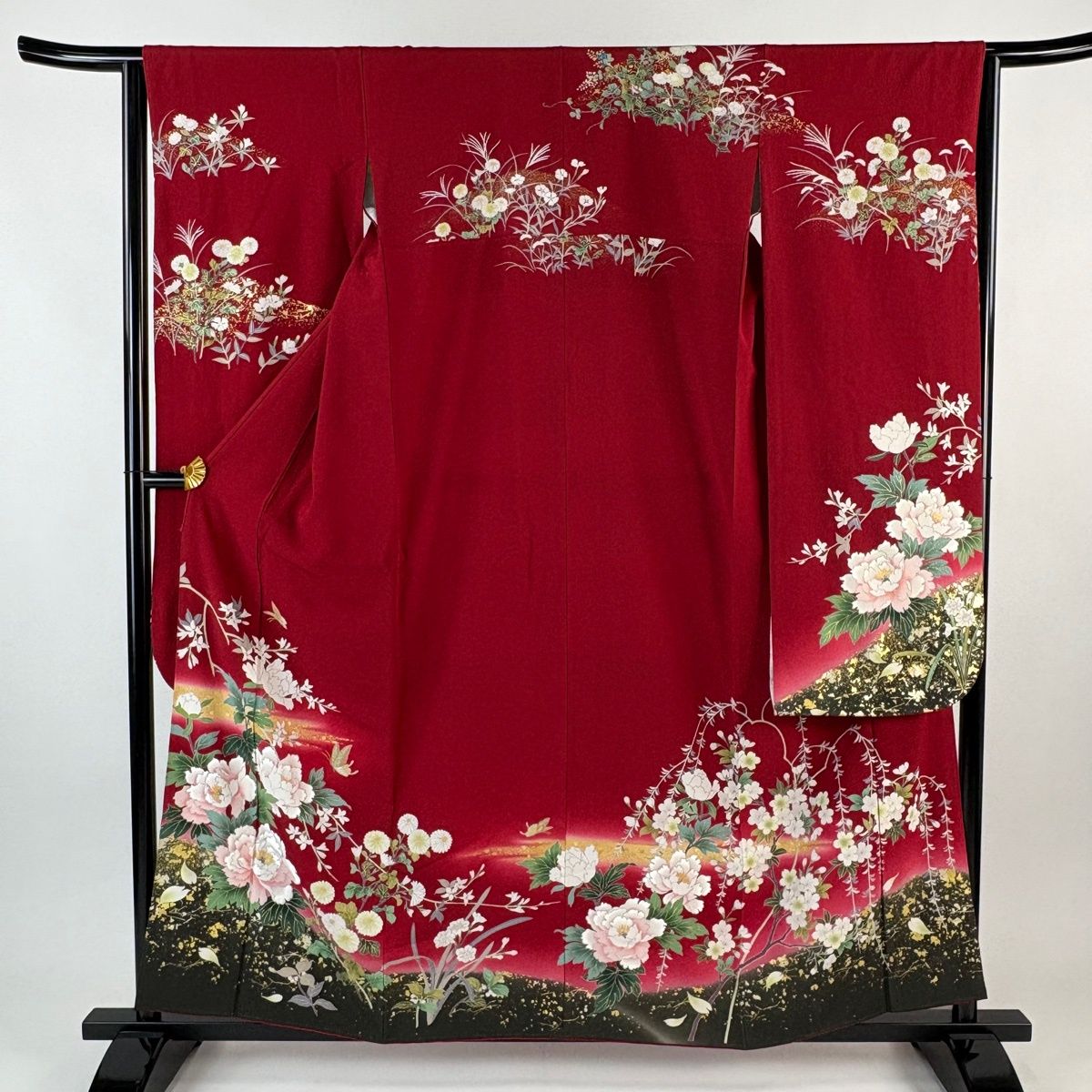 振袖 身丈158 5 cm 裄丈64 M 袷 牡丹 蝶 金彩 刺繍 赤 正絹 秀品
