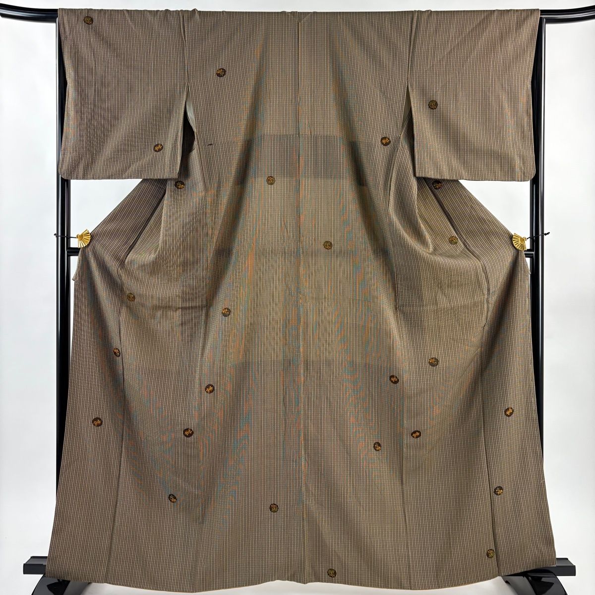 紬 身丈164 cm 裄丈65.5 M 袷 縞 草花 焦茶色 正絹 秀品