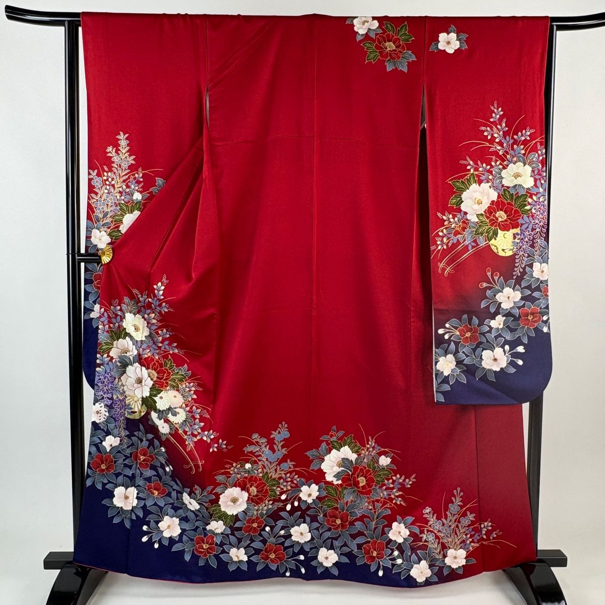 振袖 身丈163.5 cm 裄丈64.5 M 袷 花車 牡丹 金糸 金彩 赤 正絹 秀品