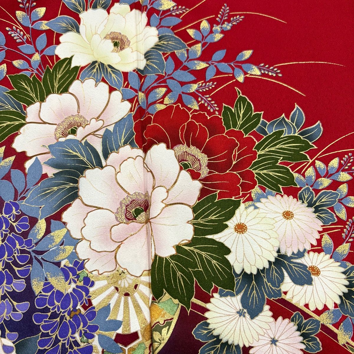振袖 身丈163.5 cm 裄丈64.5 M 袷 花車 牡丹 金糸 金彩 赤 正絹 秀品 振袖 着物 着物 浴衣