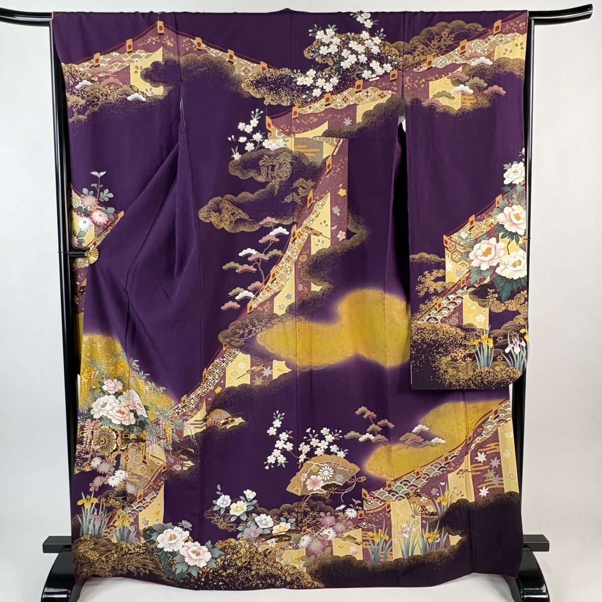 振袖 身丈169 cm 裄丈65 M 袷 花車 幔幕 箔 金彩 濃紫 正絹 秀品