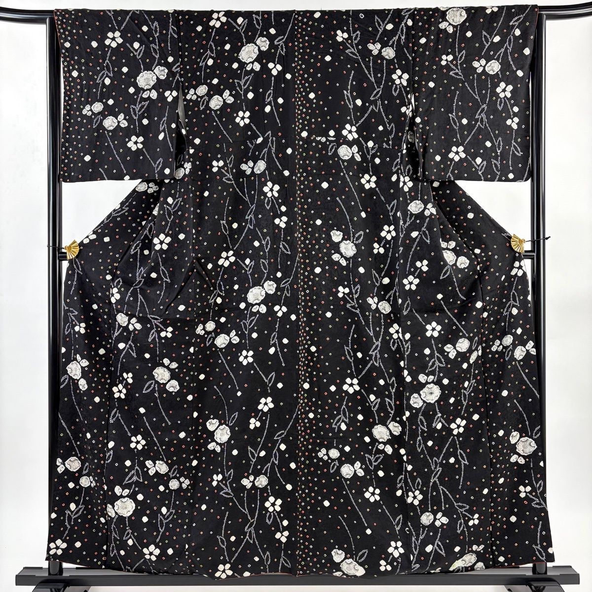 小紋 身丈158cm 裄丈65cm M 袷 辻が花柄 絞り 黒 正絹 秀品 【中古