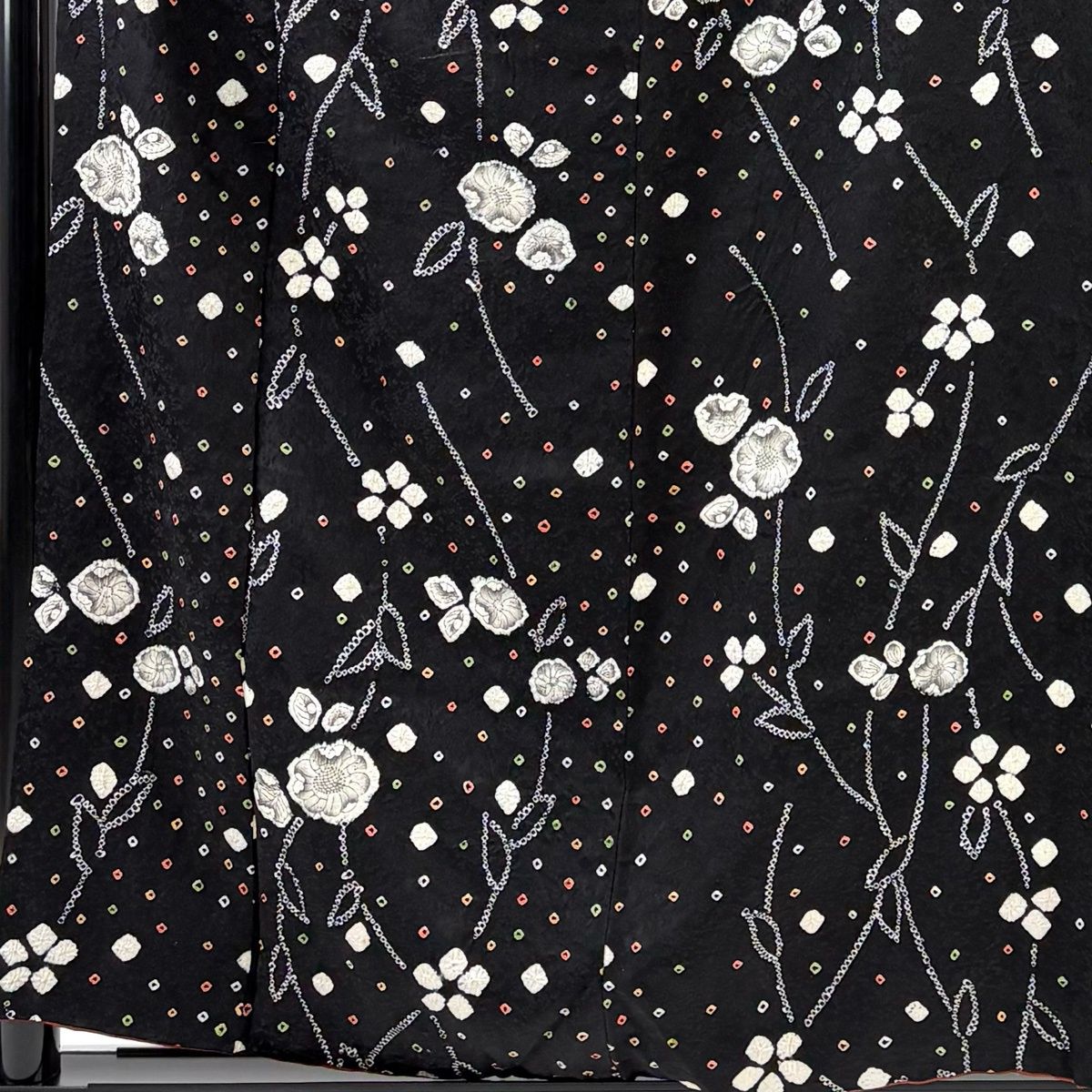 小紋 身丈158cm 裄丈65cm M 袷 辻が花柄 絞り 黒 正絹 秀品 【中古