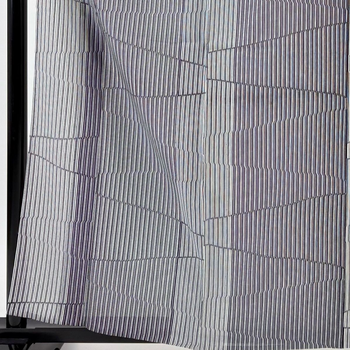 小紋 身丈161.5 cm 裄丈65 M 薄物 絽 縦縞 幾何学模様 黒灰 正絹 秀品