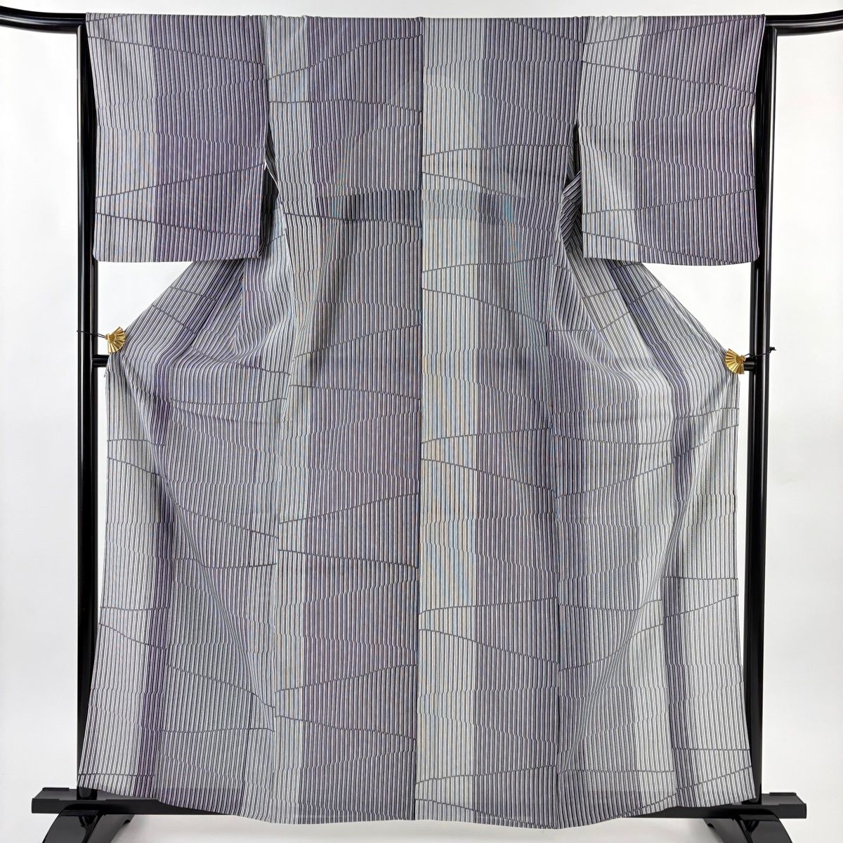 小紋 身丈161 5 cm 裄丈65 M 薄物 絽 縦縞 幾何学模様 黒灰 正絹 秀品