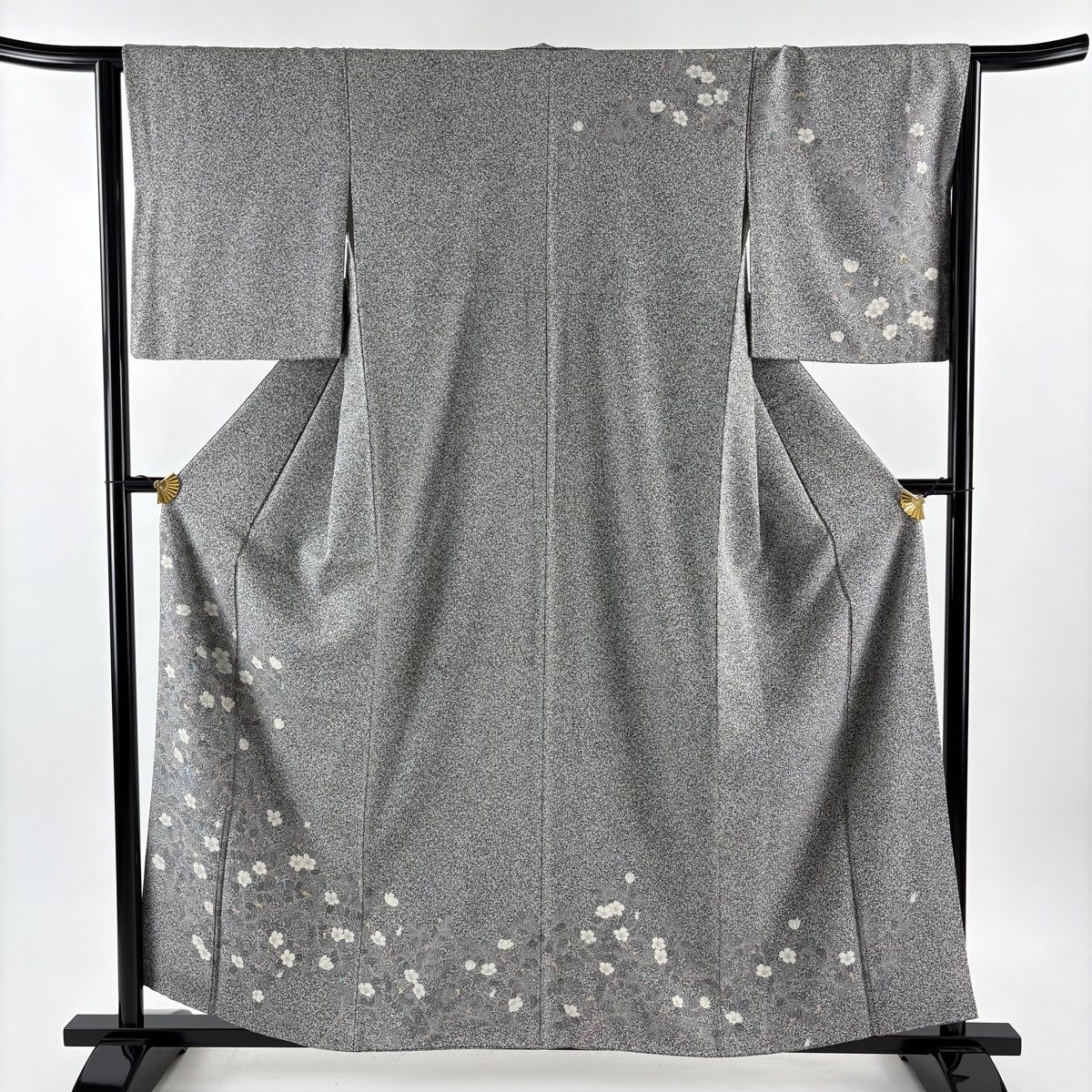 訪問着 身丈157cm 裄丈64cm M 袷 桜 幾何学 黒灰 正絹 秀品 【中古