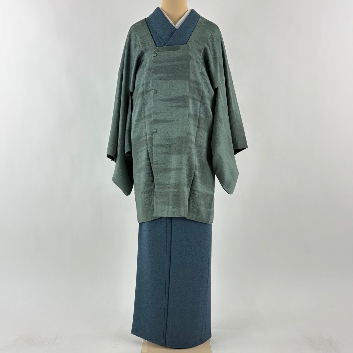 道行 身丈88 cm 裄丈67.5 L 和装コート 角衿 地紋 灰緑 正絹 秀品