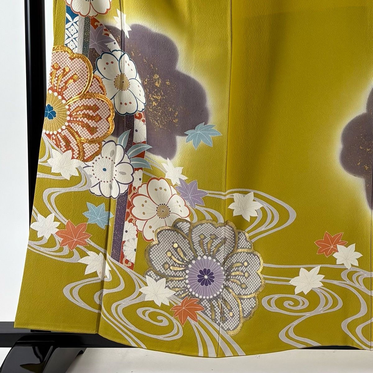 振袖 身丈159.5 cm 裄丈64 M 袷 桜 流水 金糸 金彩 からし色 正絹 秀品