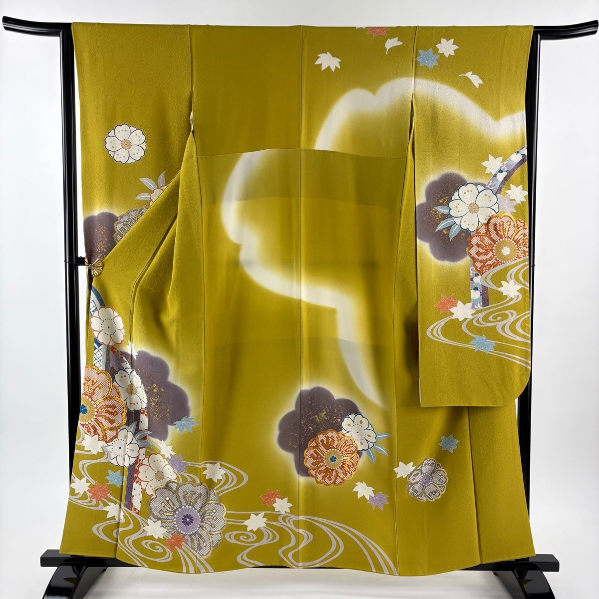 振袖 身丈159.5 cm 裄丈64 M 袷 桜 流水 金糸 金彩 からし色 正絹 秀品