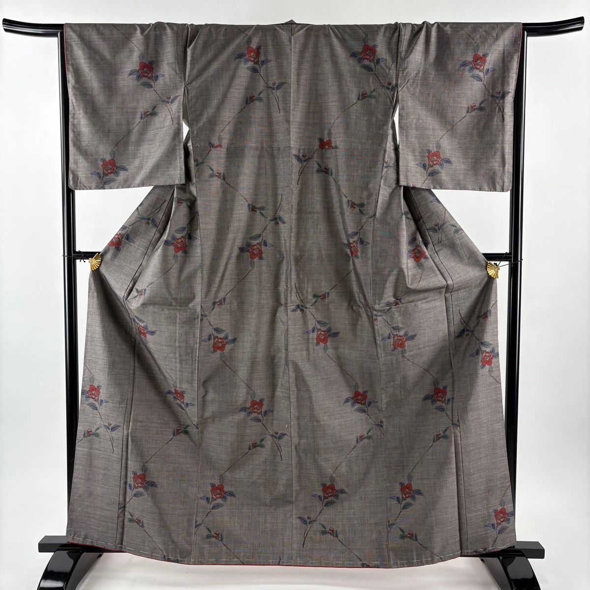 紬 身丈163 cm 裄丈67 M 袷 椿 灰茶 正絹 秀品