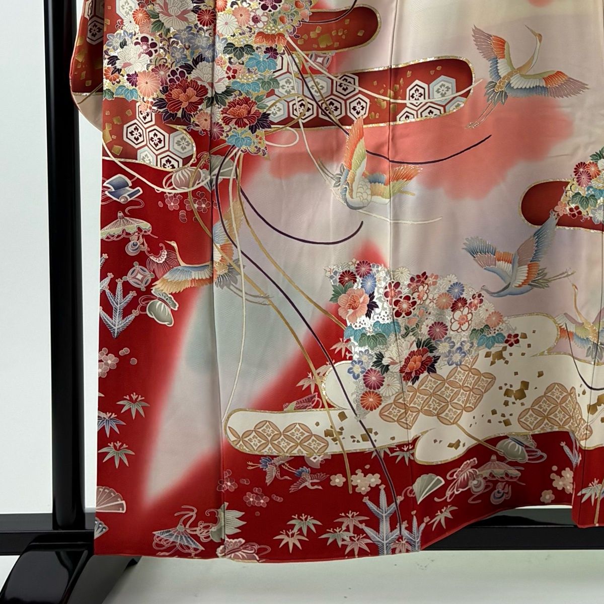 振袖 身丈158.5 cm 裄丈64 M 袷 花扇 鶴 金銀彩 染め分け 赤 正絹 秀品