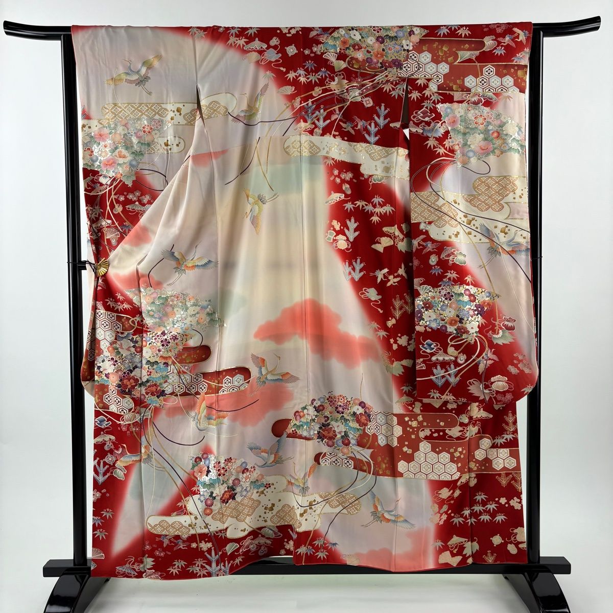 振袖 身丈158 5 cm 裄丈64 M 袷 花扇 鶴 金銀彩 染め分け 赤 正絹 秀品