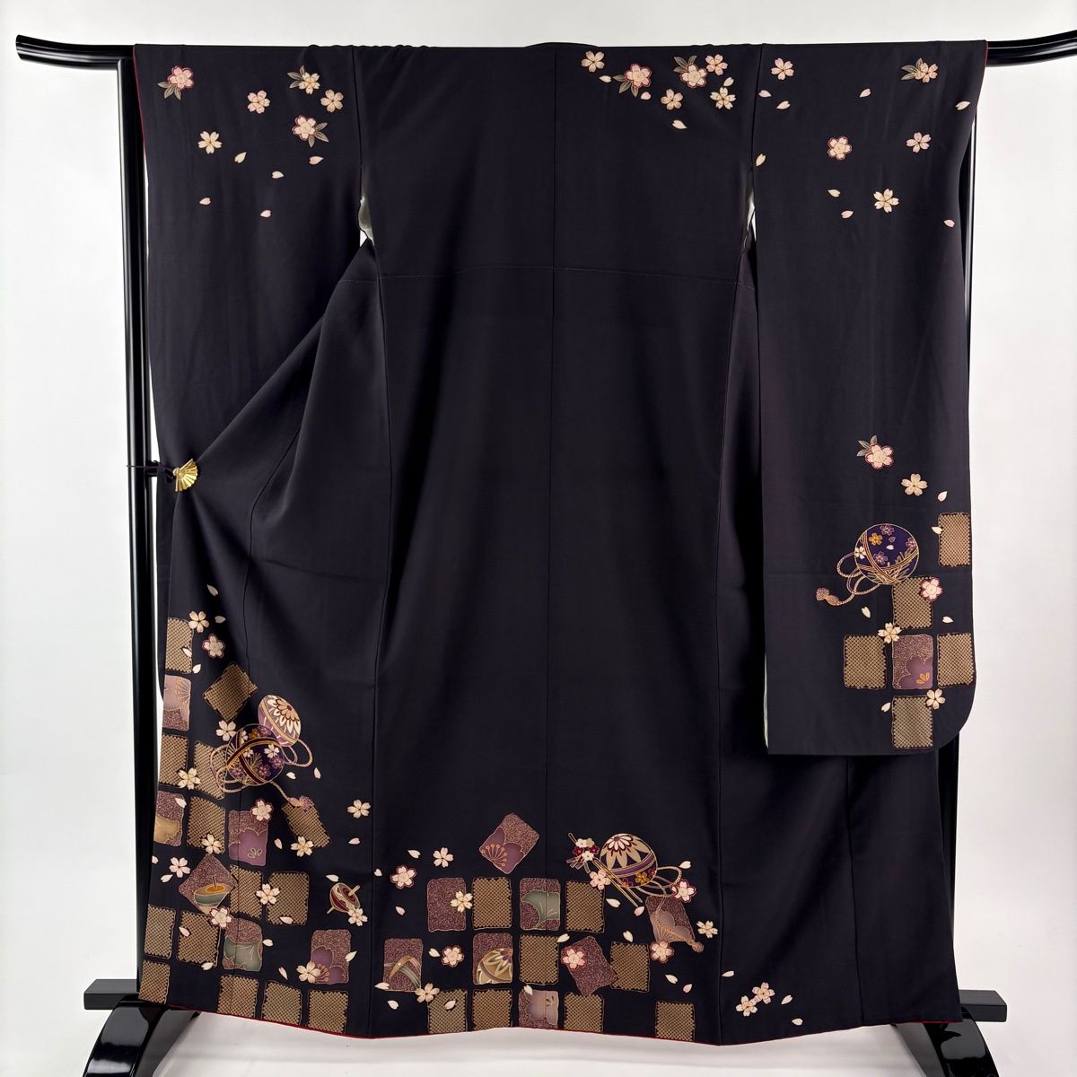 振袖 身丈161 5 cm 裄丈66 M 袷 手鞠 桜 金彩 濃紫 正絹 秀品