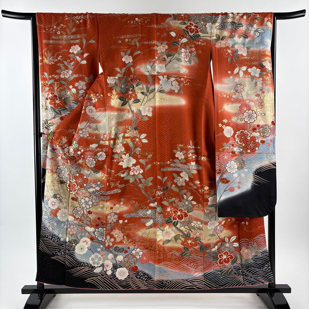振袖 身丈157 5 cm 裄丈65 M 袷 枝梅 ヱ霞 金糸 金銀彩 朱色 正絹 秀品