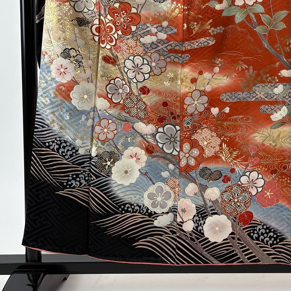 振袖 身丈157.5 cm 裄丈65.5 M 袷 枝梅 ヱ霞 金糸 金銀彩 朱色 正絹 秀品